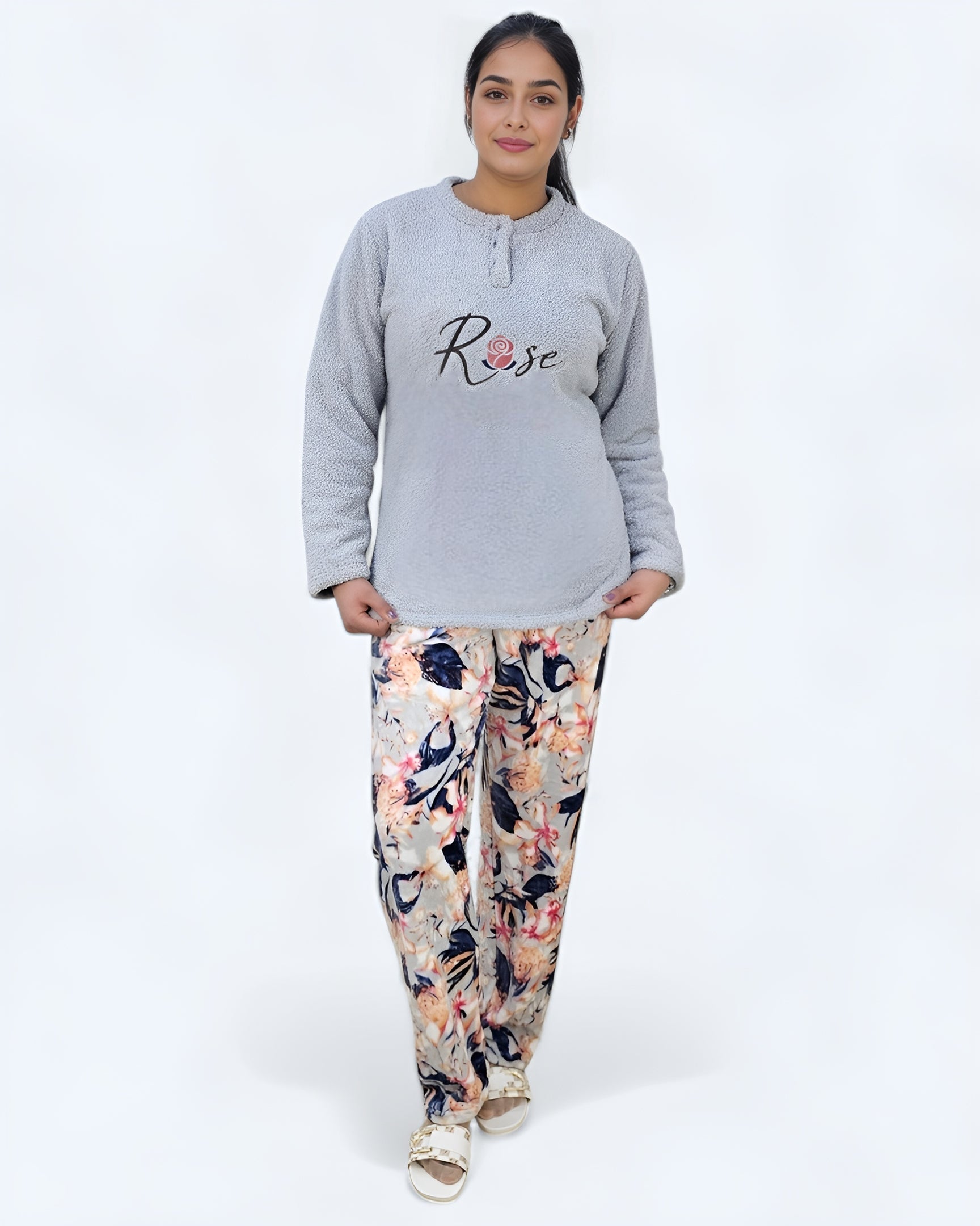 Ladies Coral Fleece Rose Pajama Set