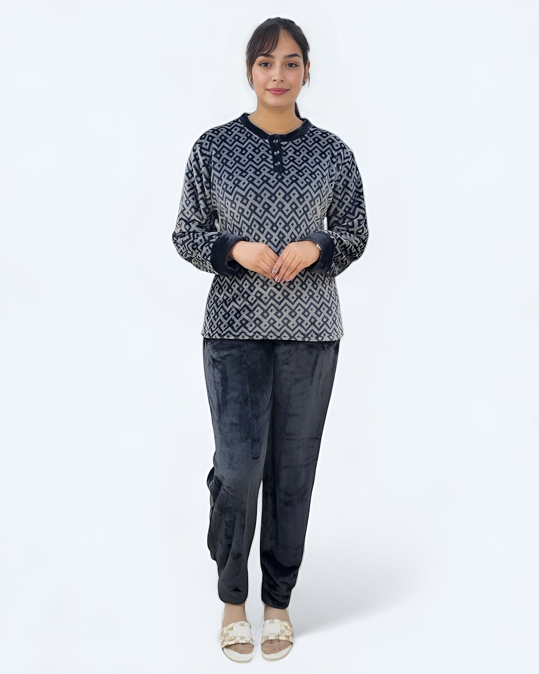 Ladies Coral Fleece Geometric Pajama Set