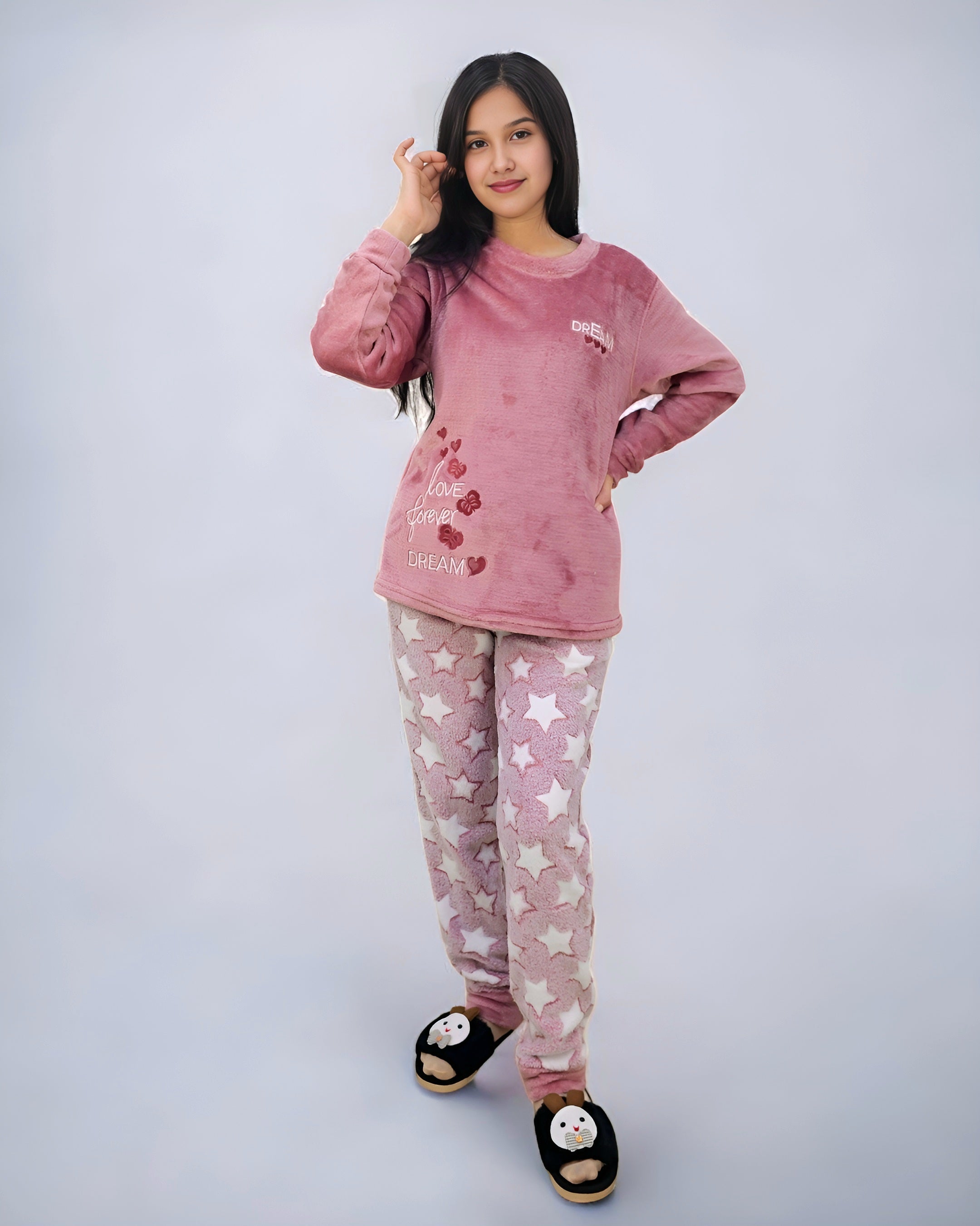 Girls Star Bottom Fleece Top Pajama Set