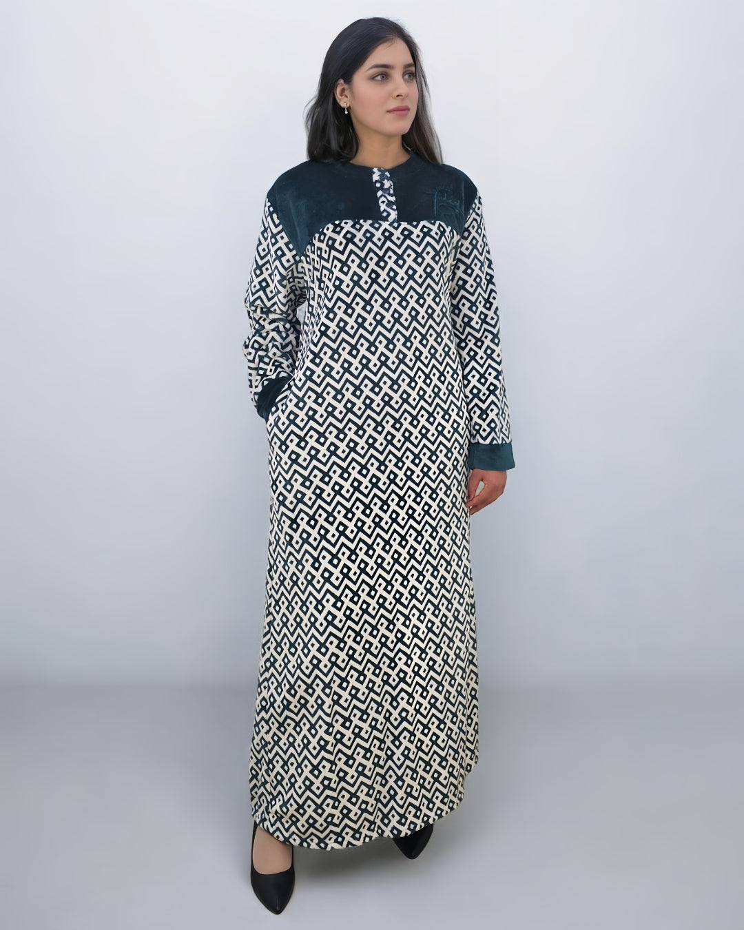 Ladies Coral Fleece Geometric Print Maxi