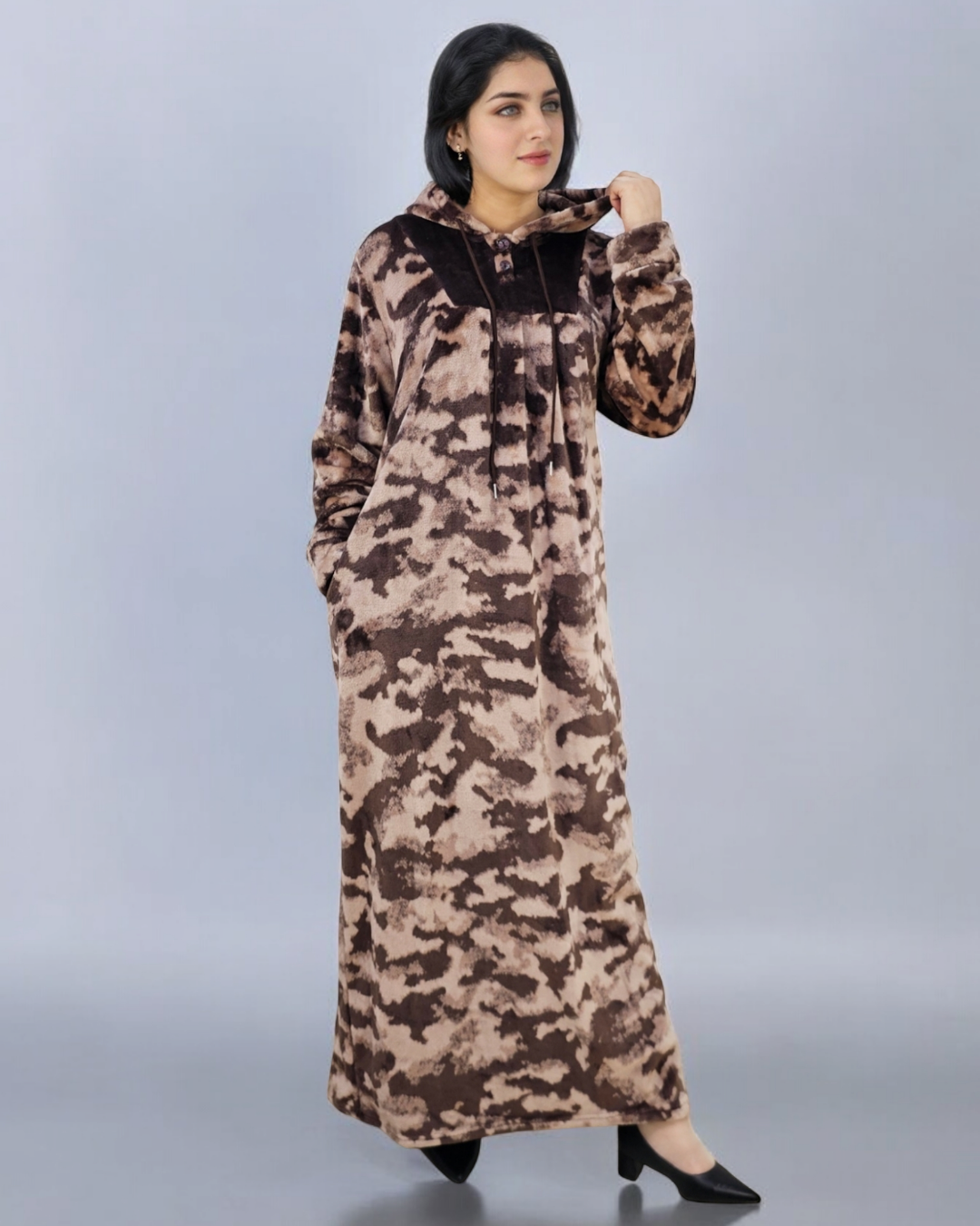 Ladies Coral Fleece Hooded Maxi