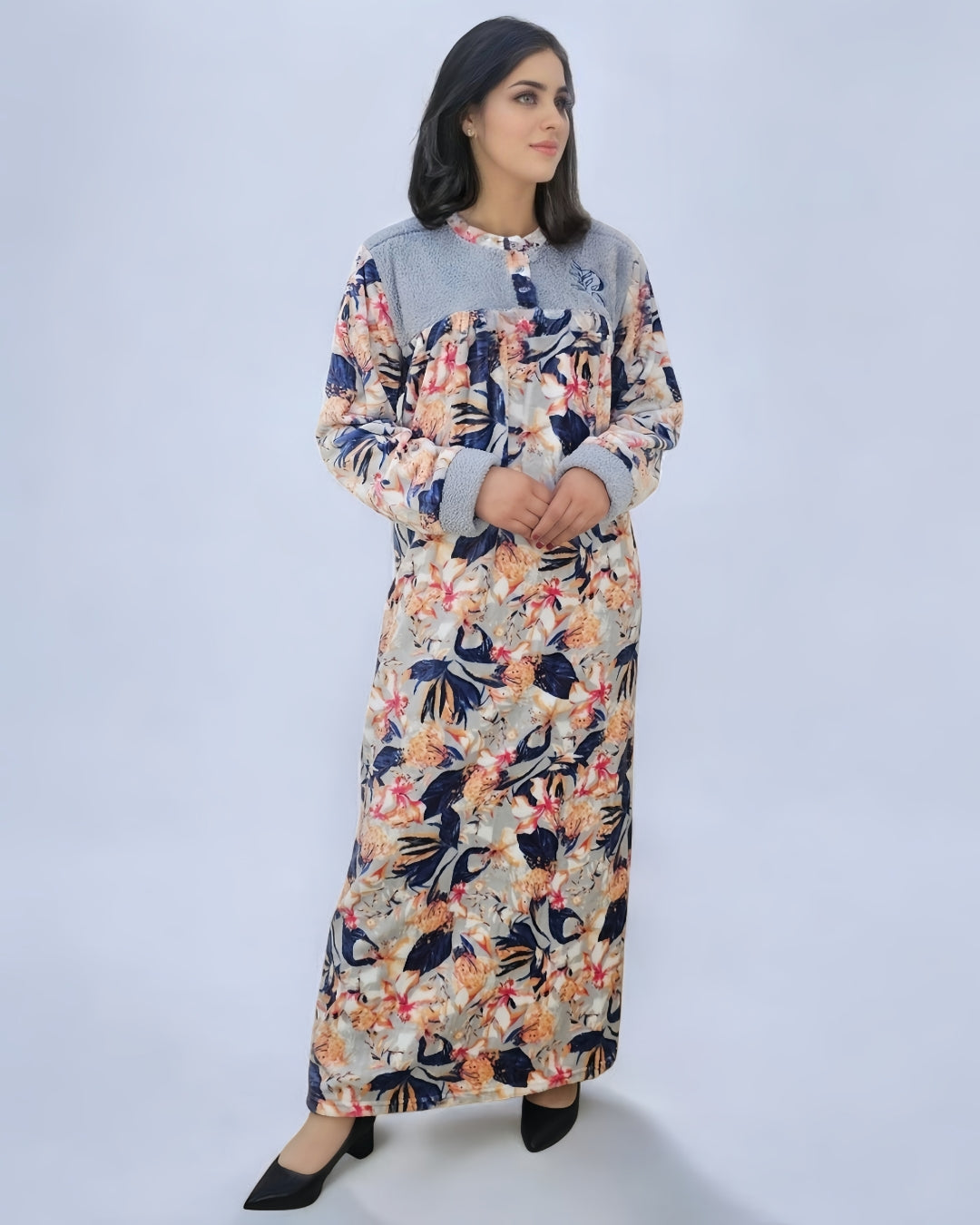 Ladies Coral Fleece Floral Printed Maxi