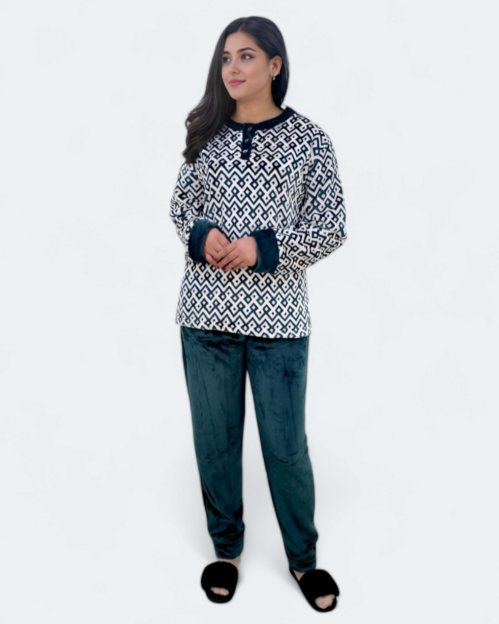 Ladies Coral Fleece Geometric Pajama Set