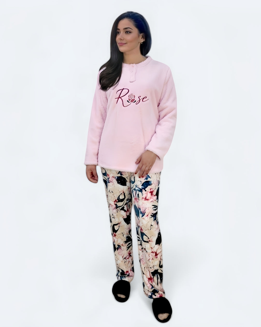 Ladies Coral Fleece Rose Pajama Set