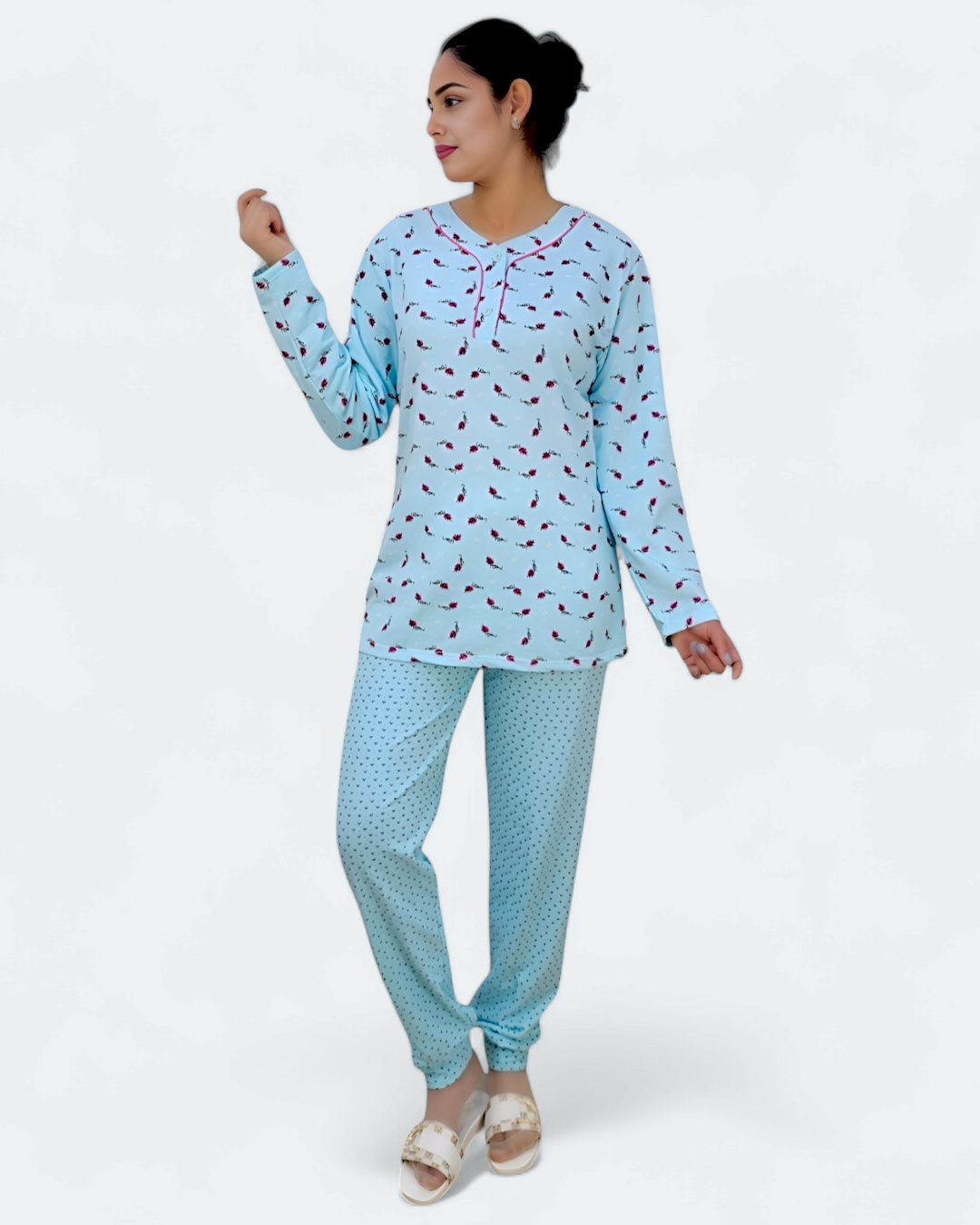 Ladies Long Sleeve Floral Printed Pajama Set